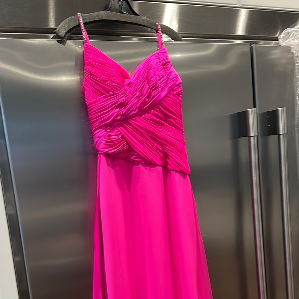 Gregory Ellenburg Vibrant Pink Silk Pageant formal Gown with Chiffon Train